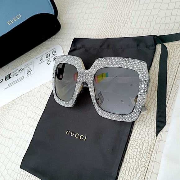Rare HOT Gucci "GRAY COLOR" Swarovski Rhinestones Square Sunglasses GG0048/S - Picture 8 of 16